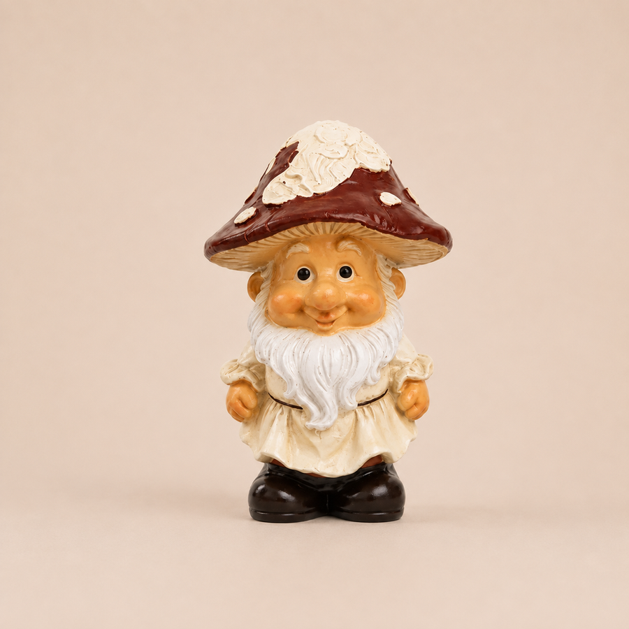 Paddenstoelkabouter van 10 cm met vliegenzwamhoed en witte baard