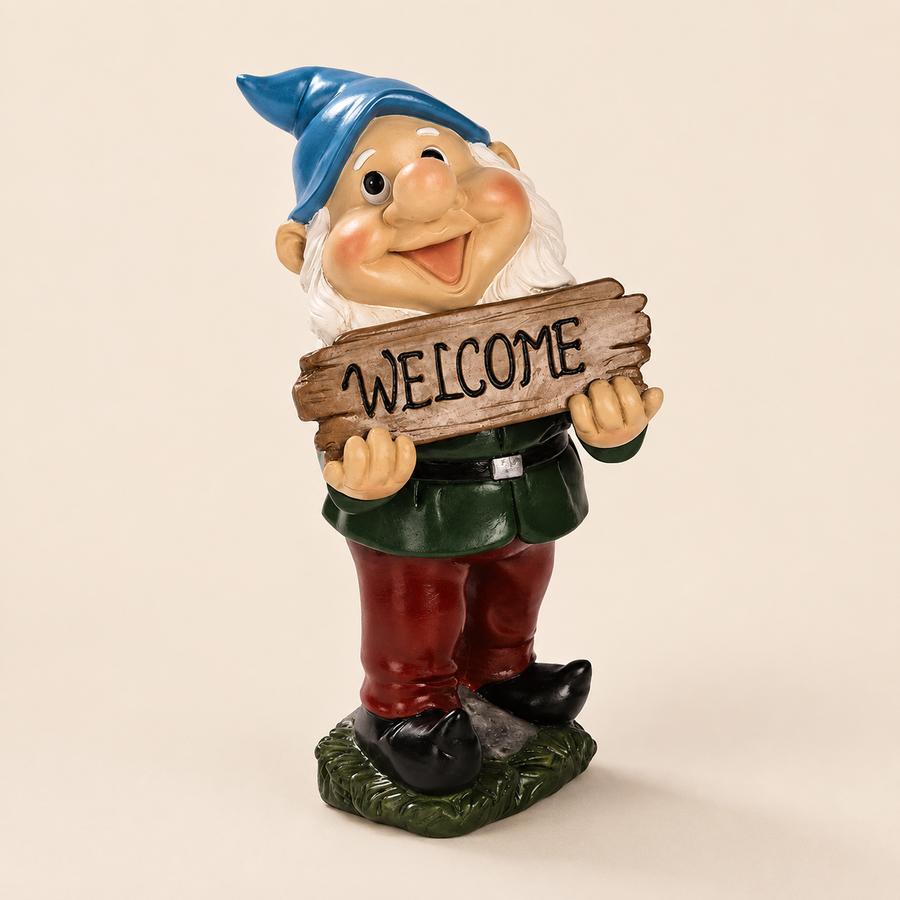 Staande tuinkabouter met welkomstbord, blauwe muts en groene jas, 19,5 cm