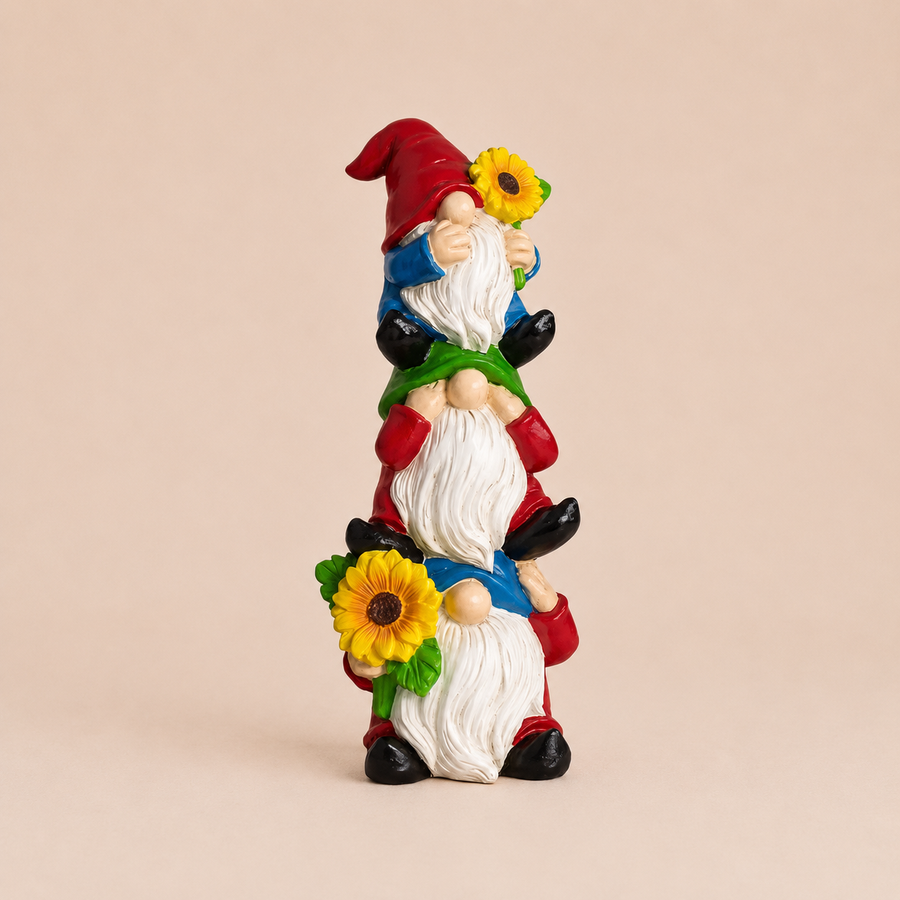 Gestapelde tuinkabouters van 22 cm met twee zonnebloemen