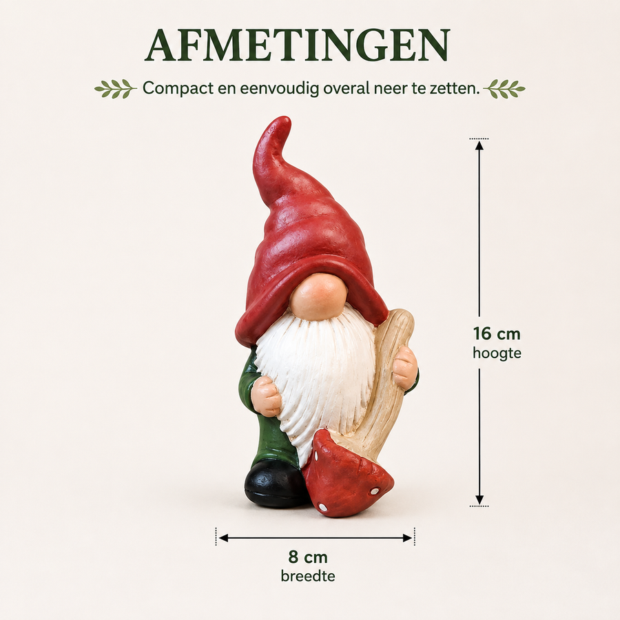 Afmetingen gnome met rode muts: 16 cm hoog en 8 cm breed