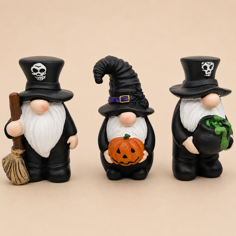 Halloween kabouters set van 3 in zwart met pompoen, bezem en heksenketel