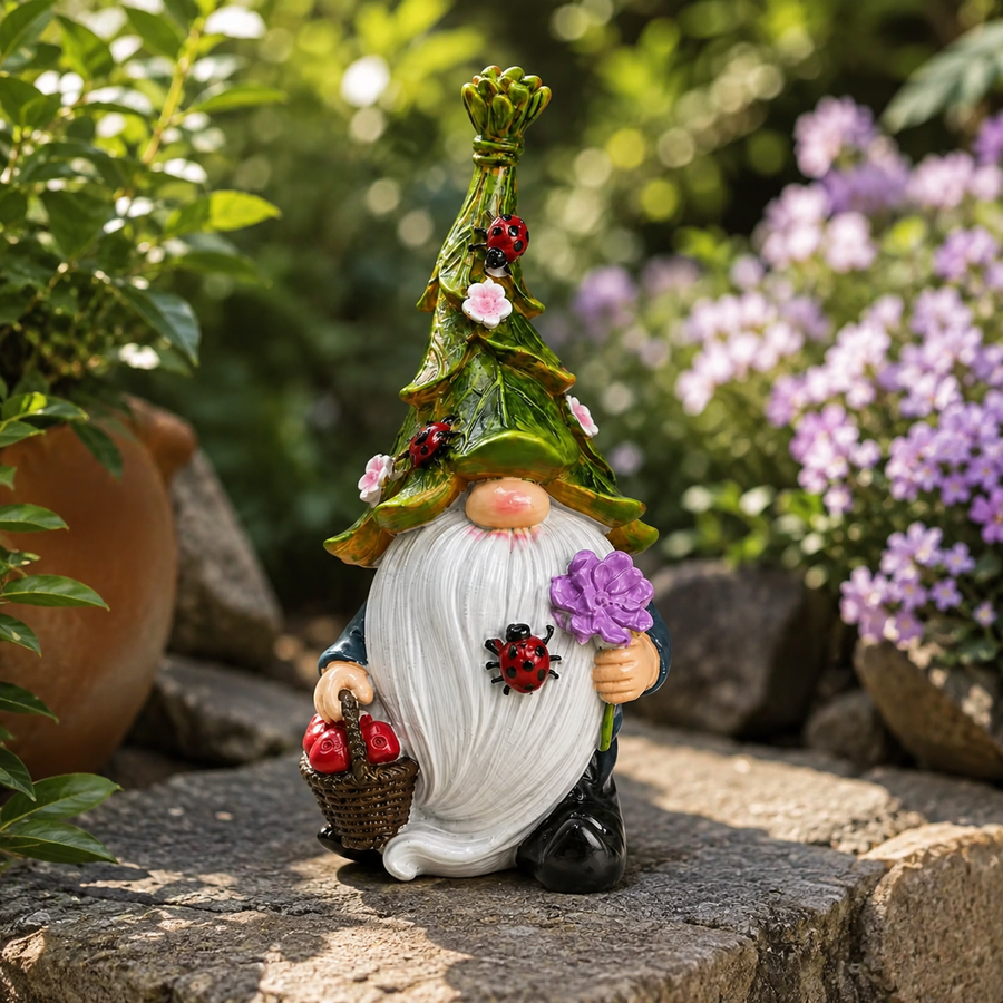 Tuinkabouter met lieveheersbeestjes, bloemen en lange witte baard