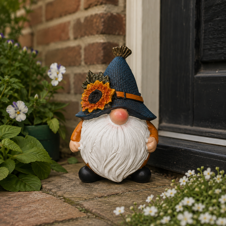 Herfstkabouter met zonnebloem op een vensterbank tussen pompoentjes en kastanjes