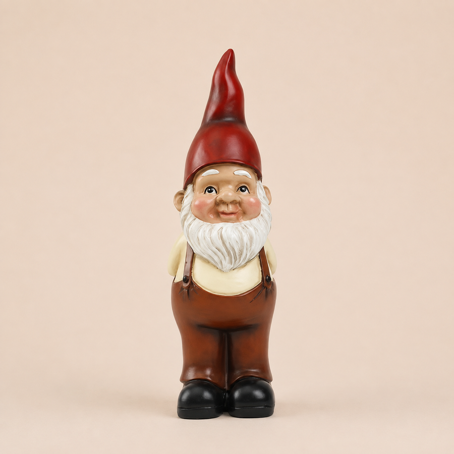Klassieke tuinkabouter van 24 cm met rode puntmuts, witte baard en bruine tuinbroek