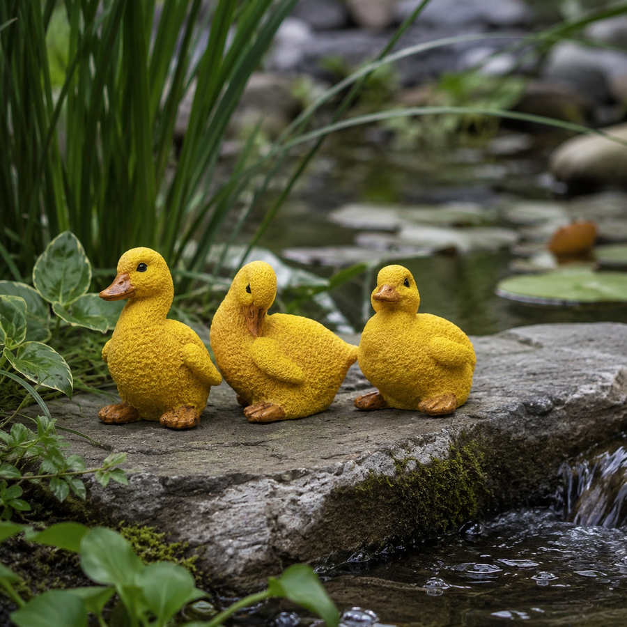 Drie gele eendjes beeldjes op een steen bij de vijver tussen het groen