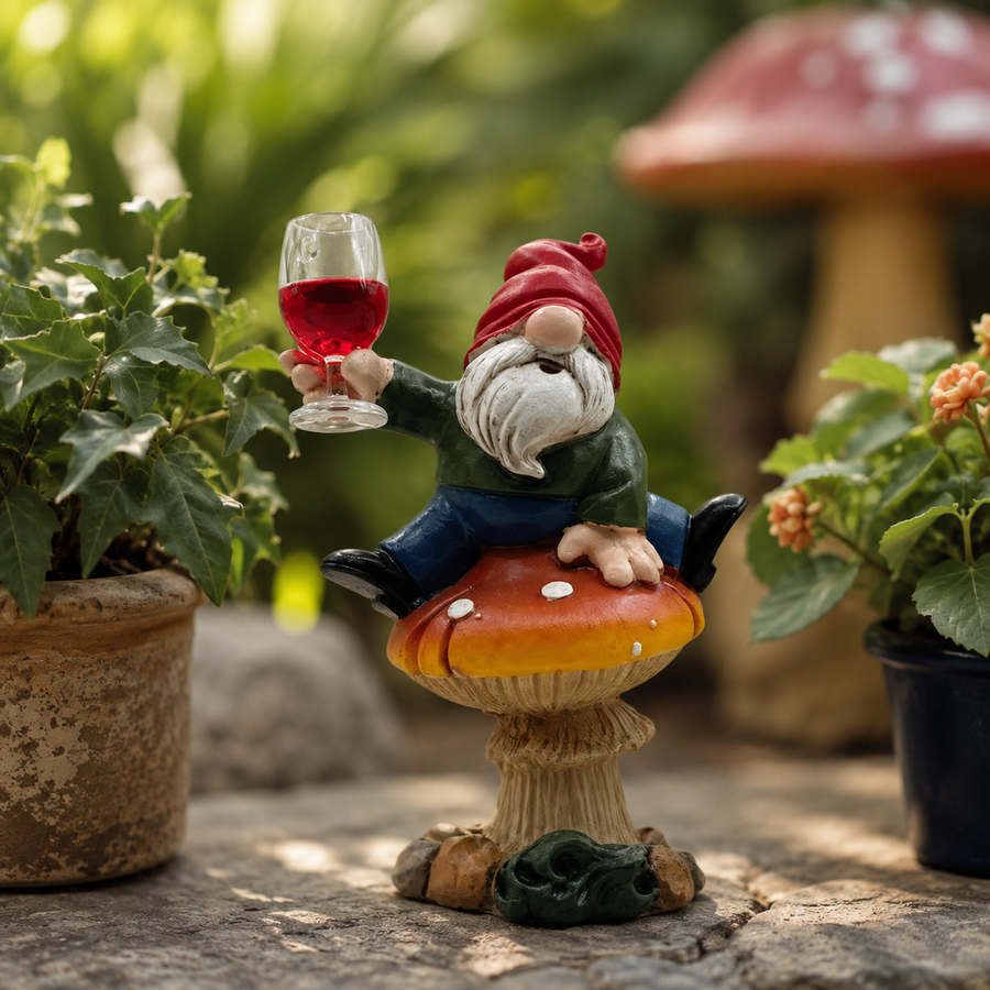 Grappige tuinkabouter met wijnglas tussen de plantenpotten op een terras