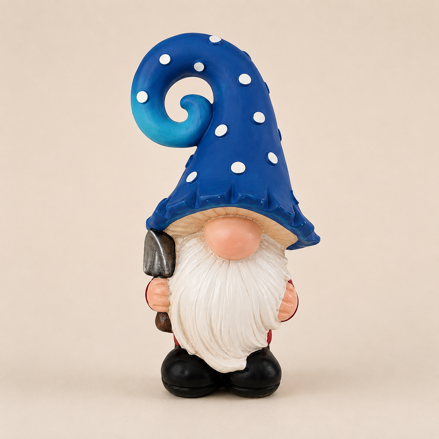 Blauwe tuinkabouter met gekrulde puntmuts, witte baard en schepje