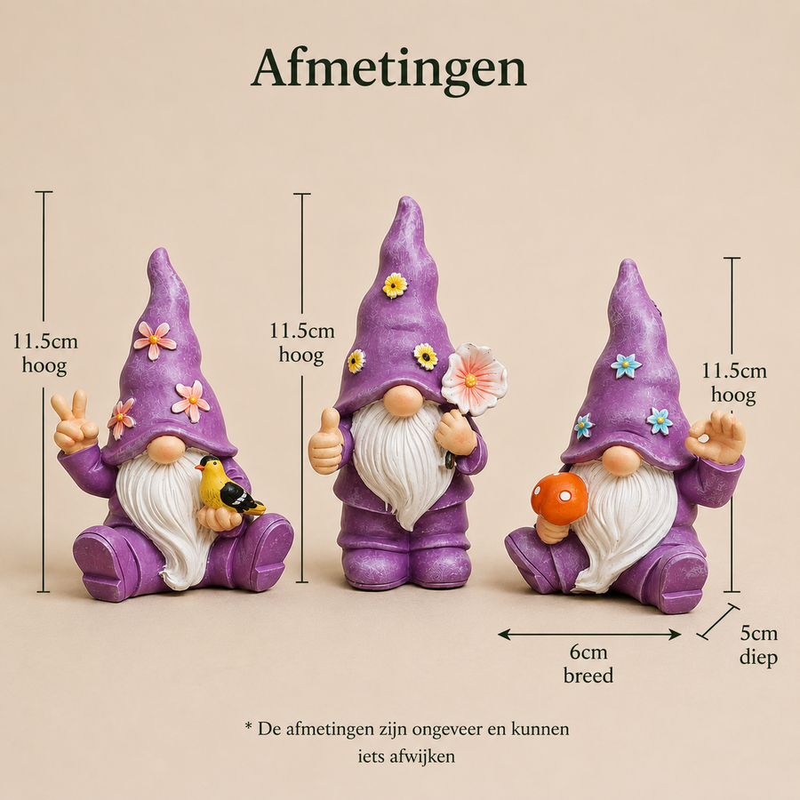 Afmetingen paarse tuinkabouters: ongeveer 11,5 cm hoog en 6 cm breed