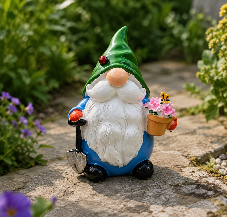 Tuinier tuinkabouter met witte baard en bloempot op witte achtergrond