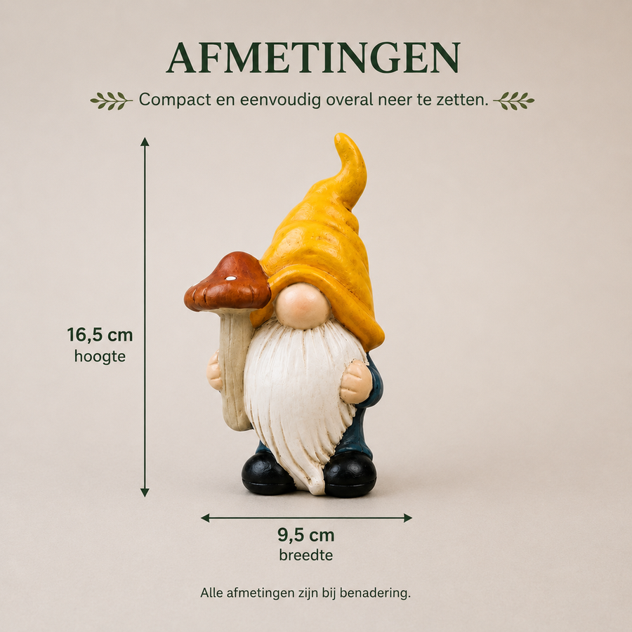 Afmetingen gnome met paddenstoel: 16,5 cm hoog en 9,5 cm breed