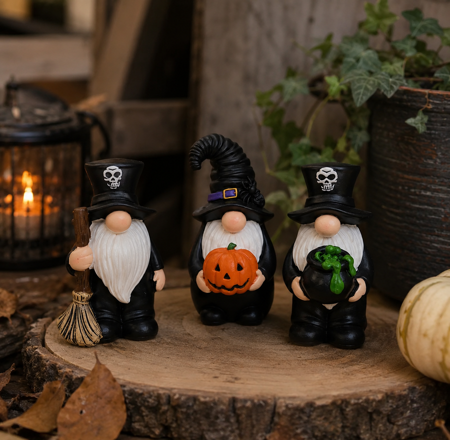 Drie zwarte halloween kabouters op een tafel tussen kaarsen en pompoentjes