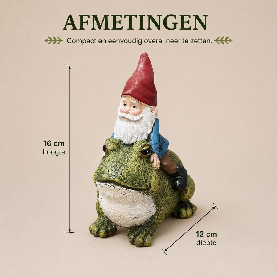 Afmetingen tuinkabouter op kikker: 16 cm hoog en 12 cm diep