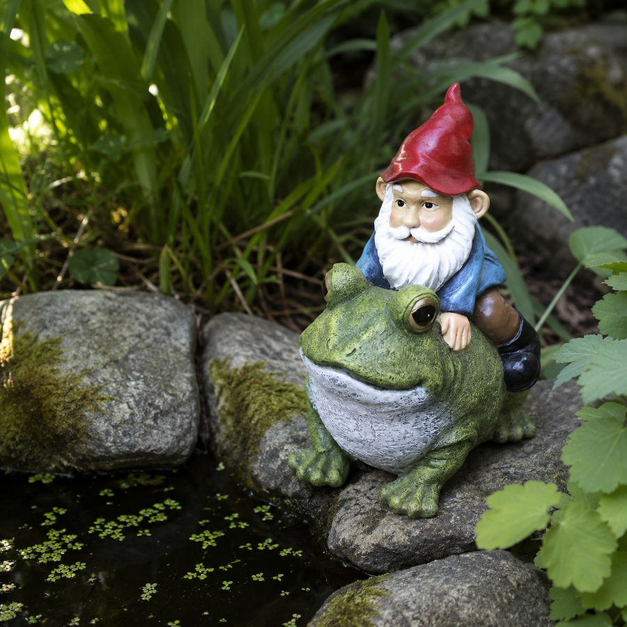Kabouter op een kikker tussen hoge grassen op een boomstronk in de tuin