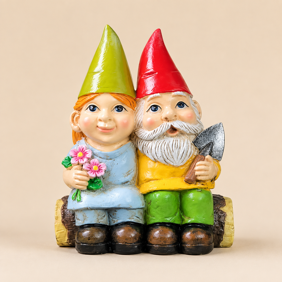 Kabouterpaar op een boomstam, man met schepje en vrouw met bloemen, 12 cm