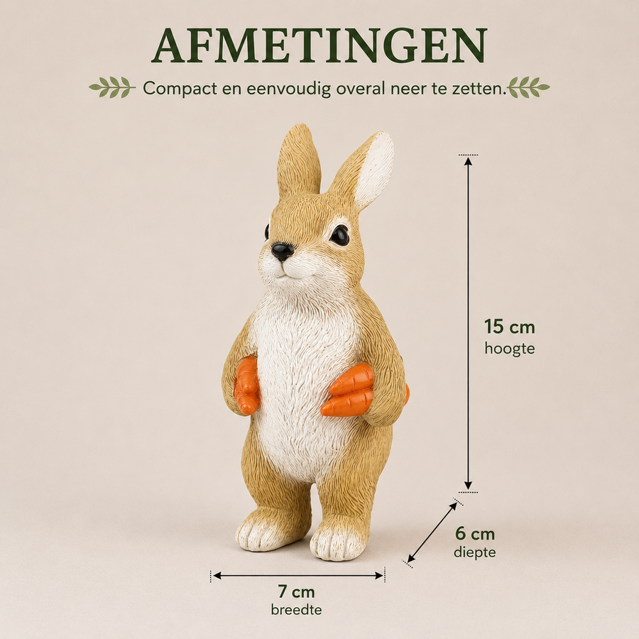 Afmetingen tuinbeeld konijn: 15 cm hoog, 7 cm breed en 6 cm diep