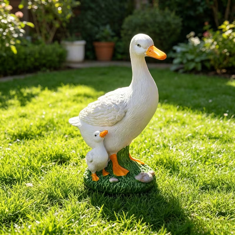 Eend met kuiken als tuinbeeld op het gras tussen terracotta potten