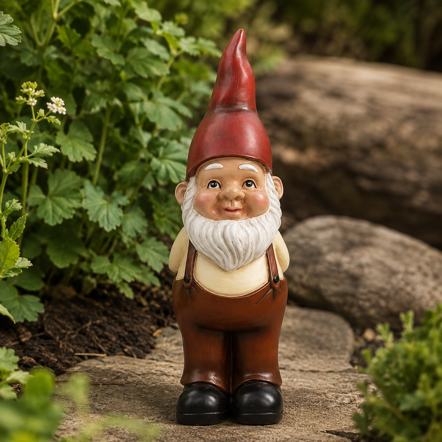 Tuinkabouter met rode muts op een steen naast planten in de border