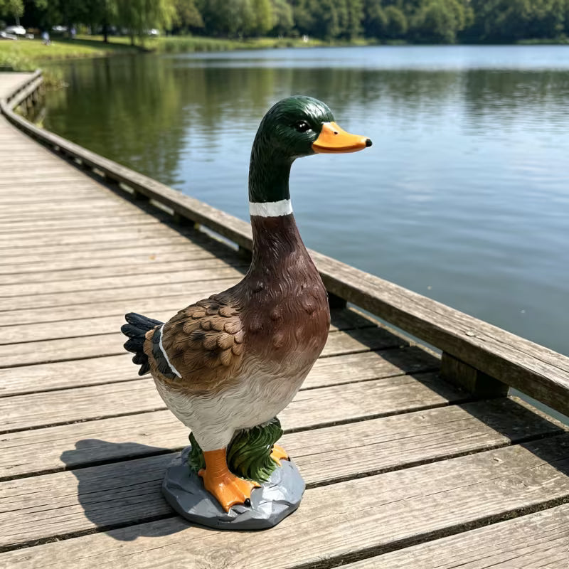 Eendenbeeld op een steen aan de rand van een vijver met waterlelies