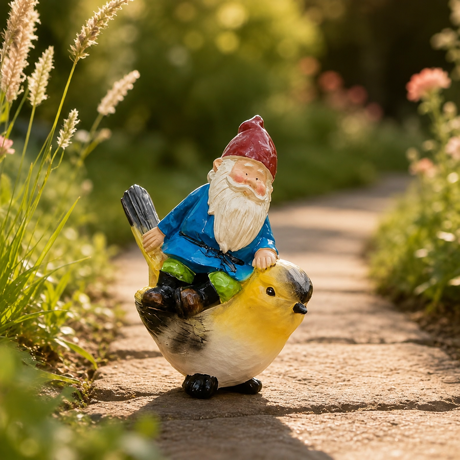 Kabouter op een vogel op een tuinpad tussen siergrassen in het avondlicht
