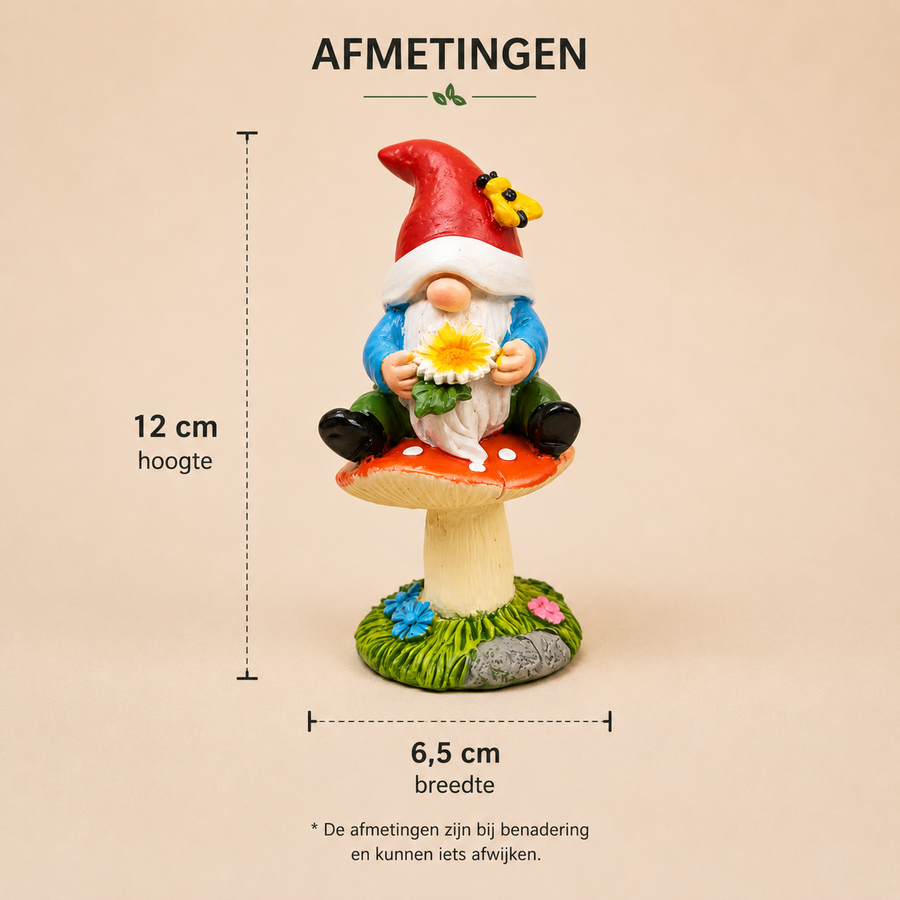 Afmetingen tuinkabouter met zonnebloem: 12 cm hoog, 6,5 cm breed en 5,5 cm diep