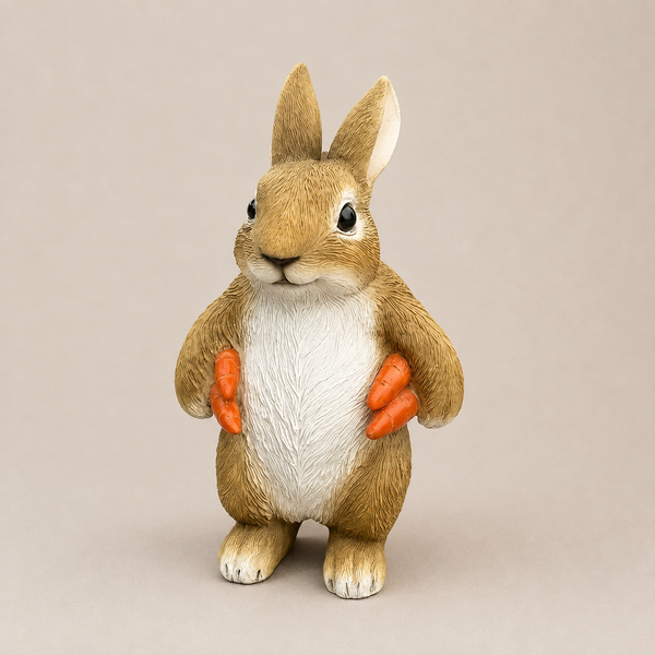 Tuinbeeld van een staand konijn met twee oranje wortels, 15 cm hoog, met lichtbruine vacht en witte borst