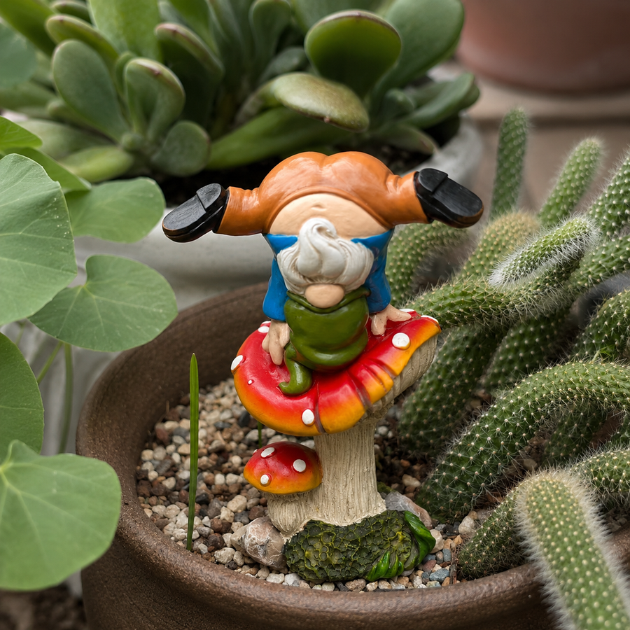 Grappige tuinkabouter op zijn kop tussen vetplanten en cactussen in een pot