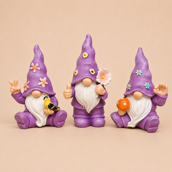 Set van 3 paarse tuinkabouters met witte bloemetjes op de muts, 11,5 cm