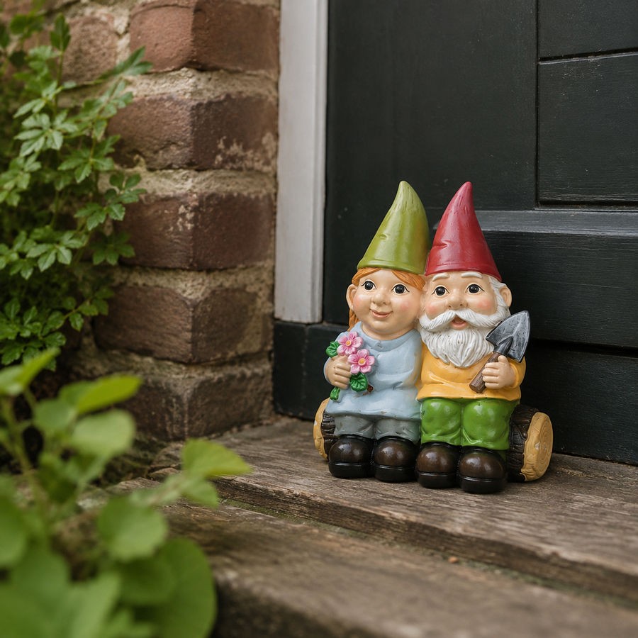 Kabouterpaar op een boomstam tussen de planten op een tuintafel
