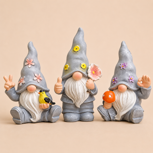 Set van 3 grijze tuinkabouters met bloemen op de muts, 11,5 cm hoog