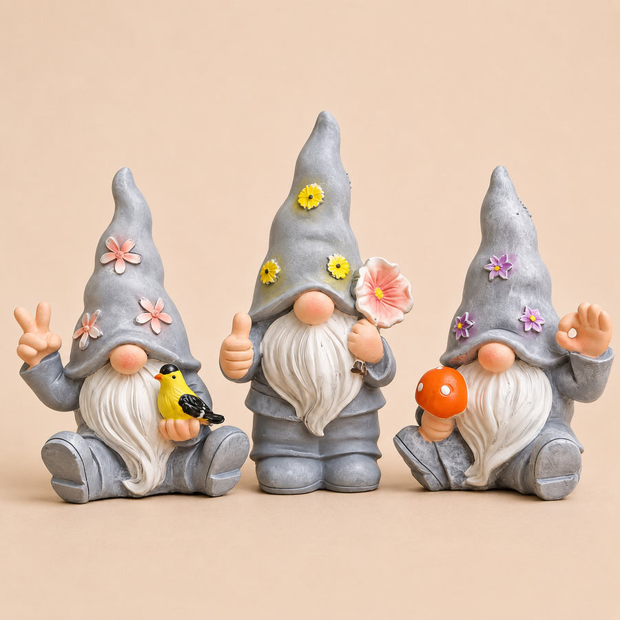 Set van 3 grijze tuinkabouters met bloemen op de muts, 11,5 cm hoog