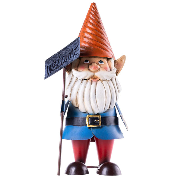 Stalen tuinkabouter met welkomstbordje, 33 cm hoog