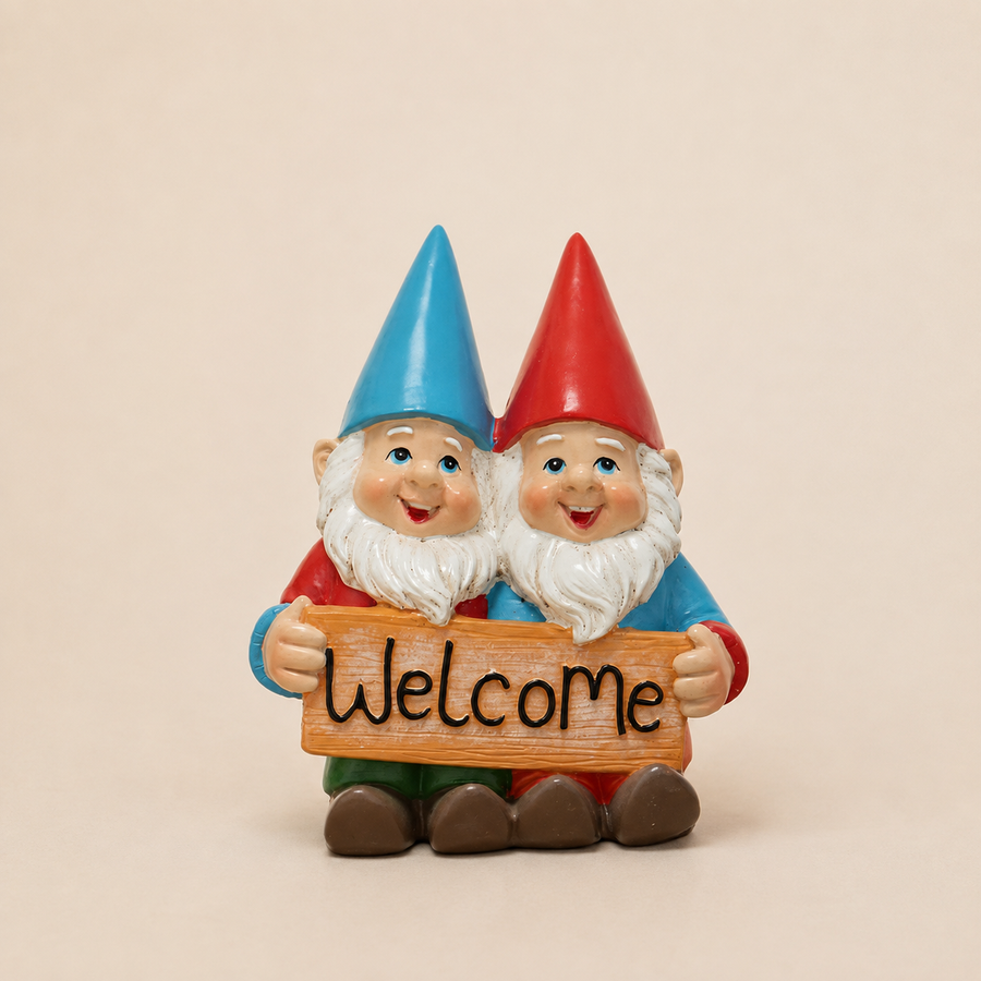 Twee kabouters met welkomstbord, blauwe en rode punthoed, 11 cm hoog