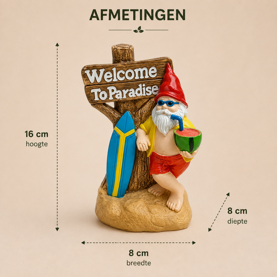 Afmetingen strandkabouter: 16 cm hoog, 8 cm breed en 8 cm diep