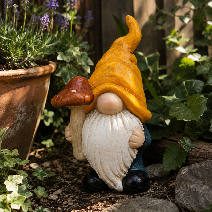 Scandinavische gnome met gele muts tussen lage beplanting in de border, naast een houten schutting