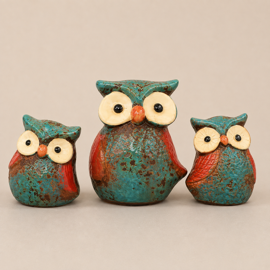 Set van 3 uilen beeldjes in turquoise en rood, 8,5 tot 12 cm hoog