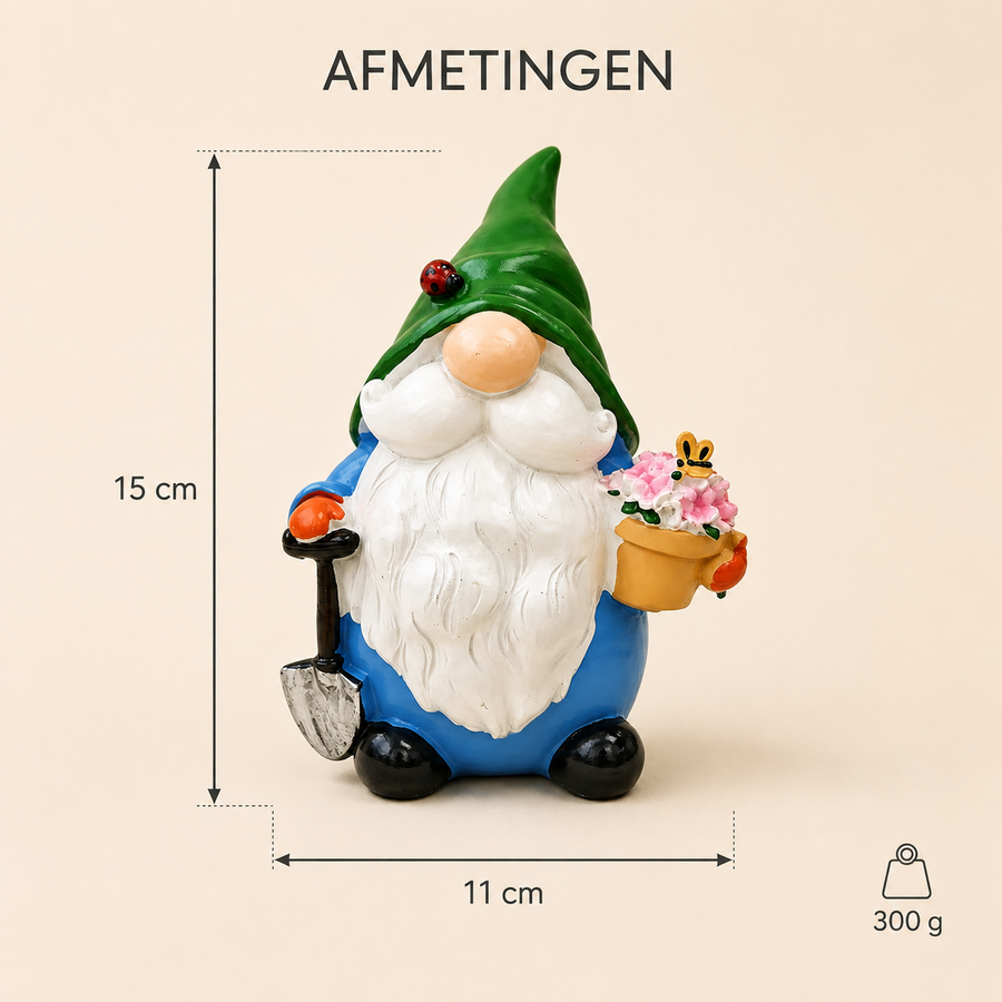 Tuinkabouter Tuinier met Bloemen & Schep 15 cm