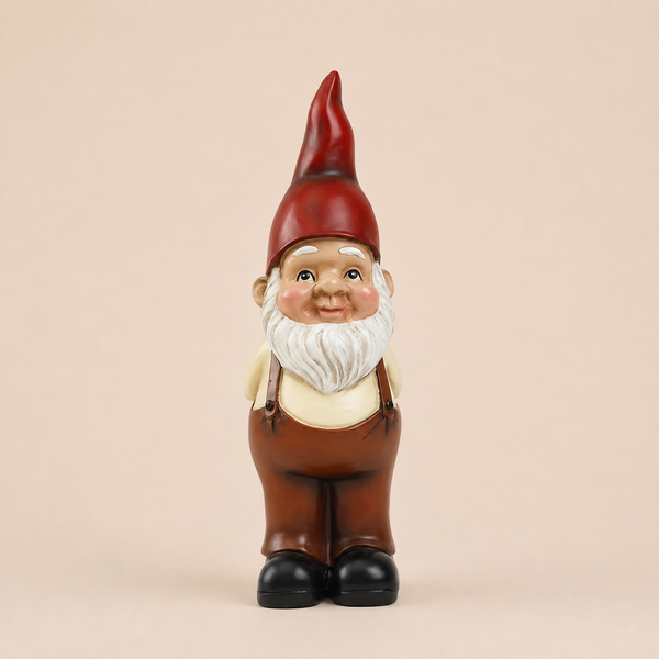 Klassieke tuinkabouter van 24 cm met rode puntmuts, witte baard en bruine tuinbroek