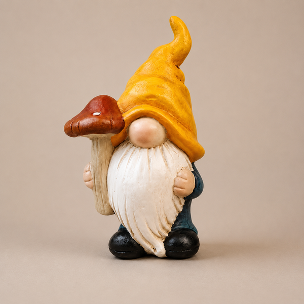 Gnome met paddenstoel en okergele puntmuts, 16,5 cm hoog, met grote ronde neus en witte baard tot op de zwarte laarzen