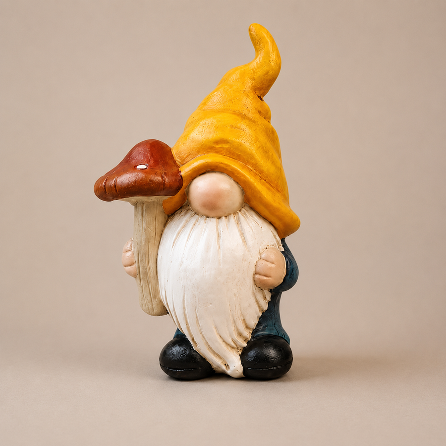 Gnome met paddenstoel en okergele puntmuts, 16,5 cm hoog, met grote ronde neus en witte baard tot op de zwarte laarzen