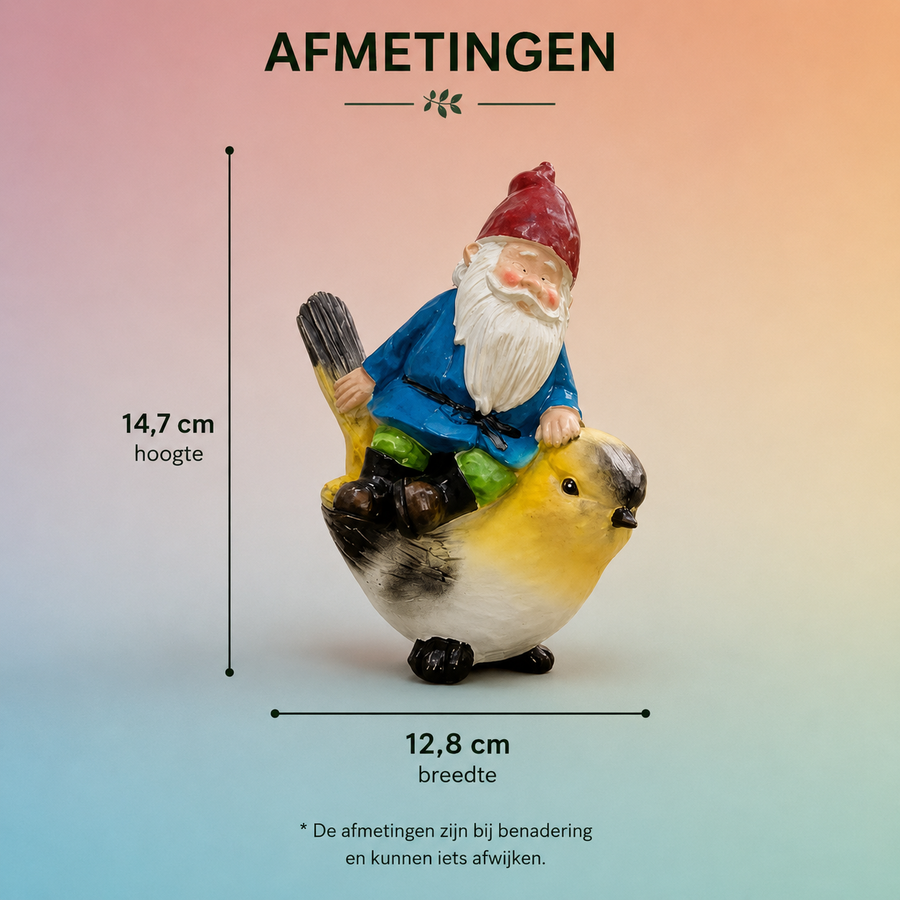 Afmetingen tuinkabouter op vogel: 14,7 cm hoog en 12,8 cm breed