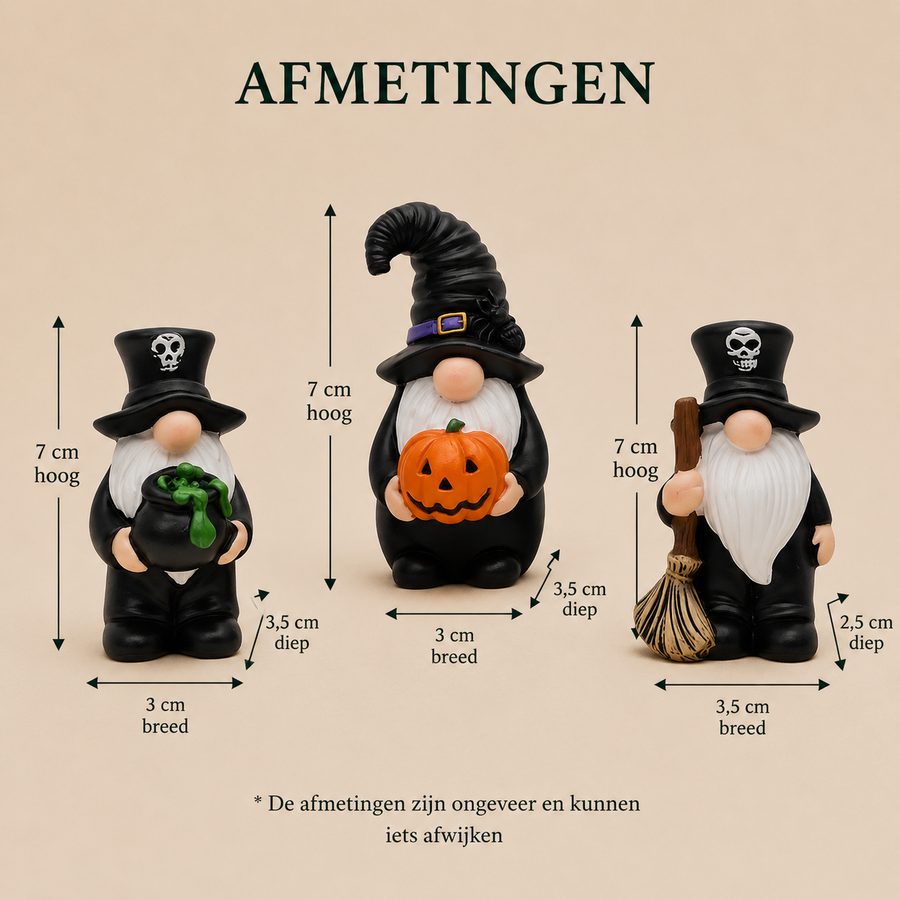 Afmetingen halloween kabouters: 7 cm hoog en 3 tot 3,5 cm breed