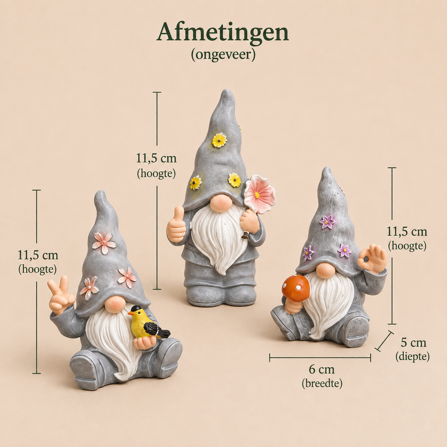 Afmetingen tuinkabouters set van 3: ongeveer 11,5 cm hoog en 6 cm breed