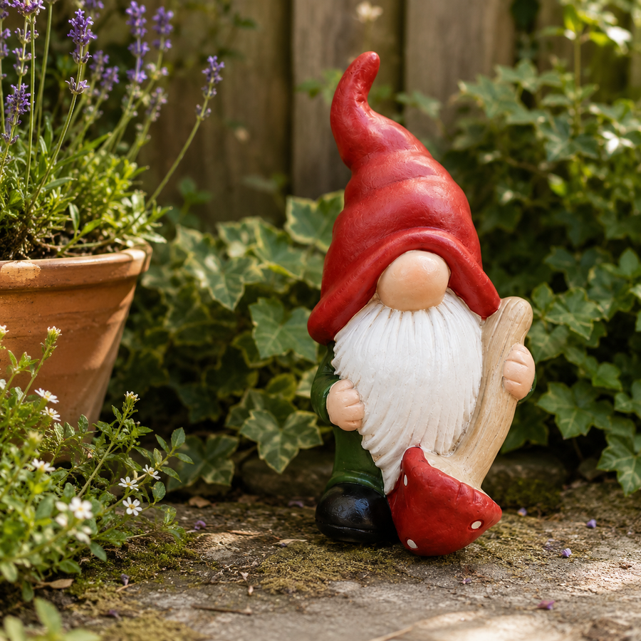 Scandinavische gnome met rode muts tussen twee bloempotten op een terras